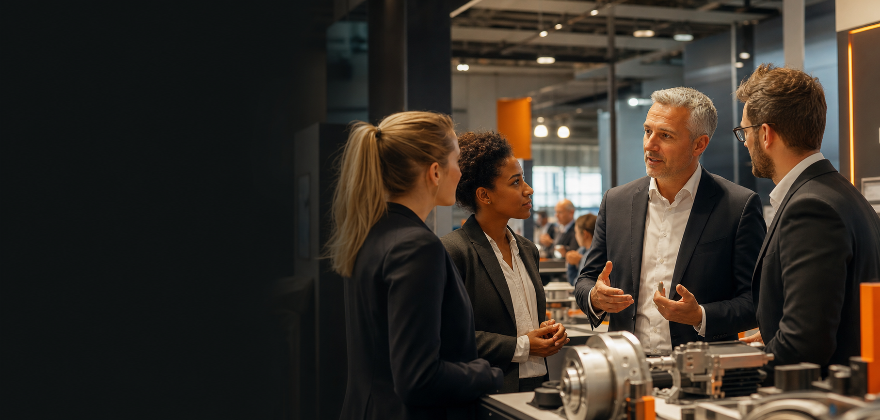 Équipe commerciale échangeant avec des décideurs sur un salon industriel B2B